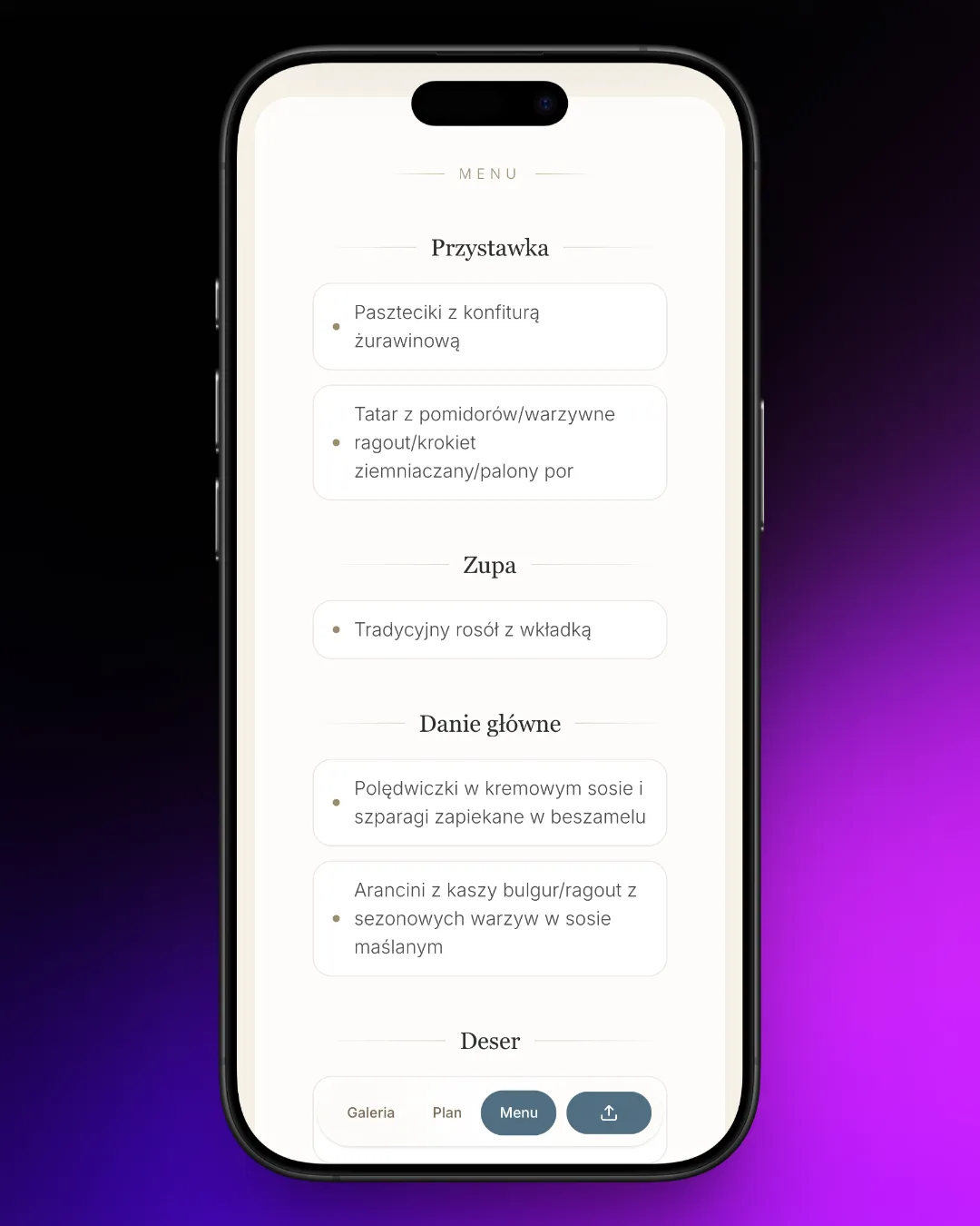 Karta dań weselna na ekranie